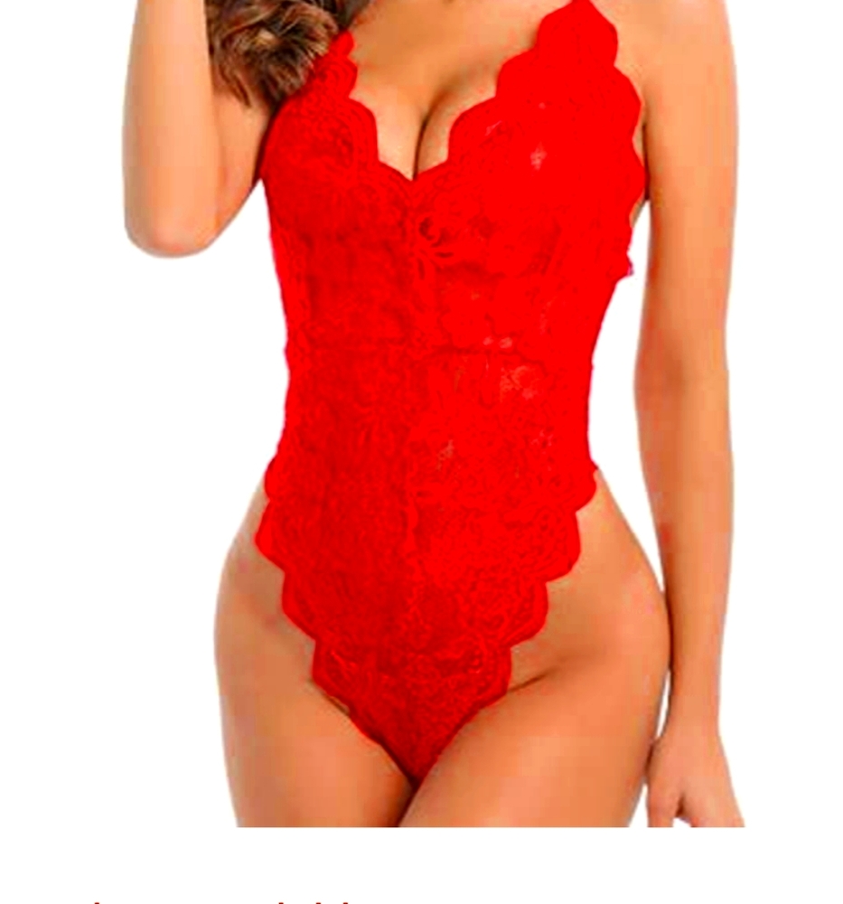 Mancyfit deep plunge red lace halter bodysuit